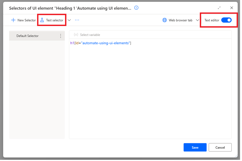 Teksteditoroptie in selectortest.