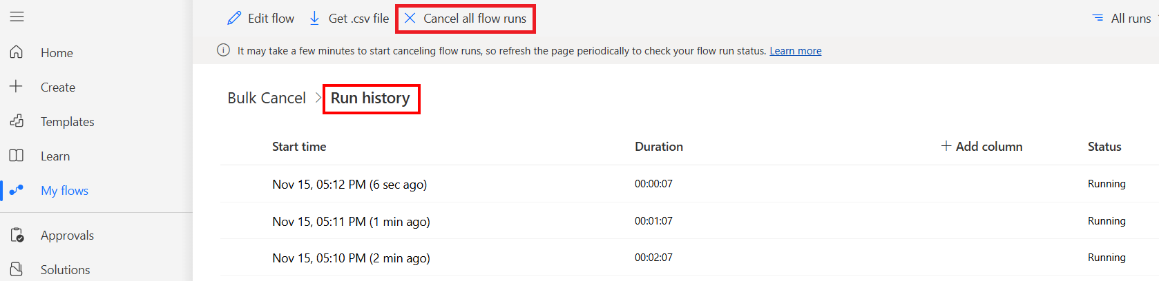 Schermafbeelding van de optie 'Annuleren alle flow-runs'.