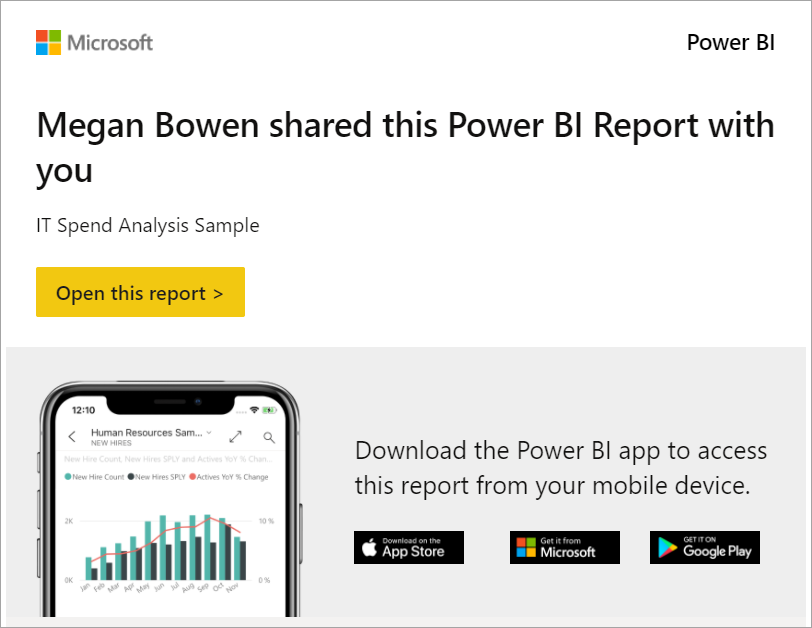 Schermopname van het bericht dat een Power BI-rapport is gedeeld, een koppeling naar het rapport en opties voor het downloaden van de mobiele Power BI-app.