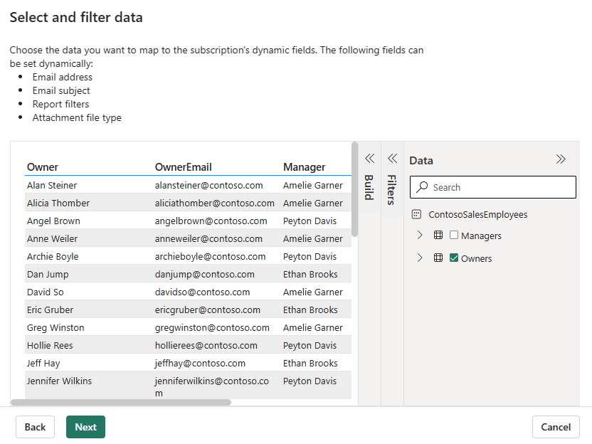 Schermopname van de Power BI-service met de selectie- en filterstap van de wizard.