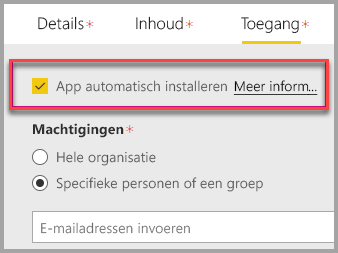 Schermopname van de Power BI-beheerportal met App installeren automatisch geselecteerd.