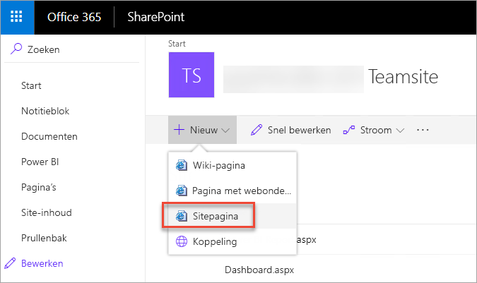 Schermopname van het SharePoint-venster. Pagina's zijn gemarkeerd in het navigatiedeelvenster. De sitepagina is geselecteerd.