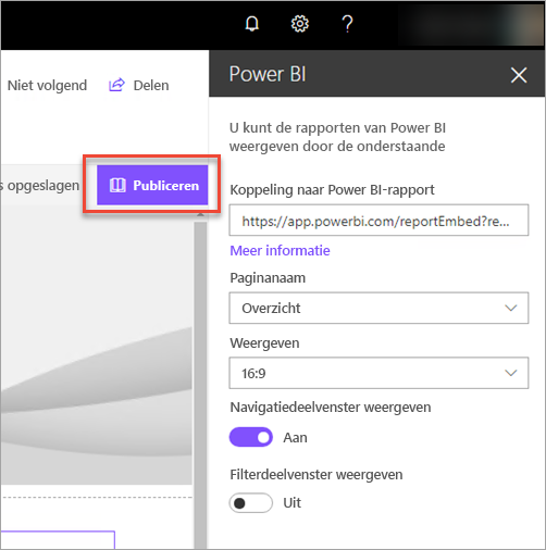 Schermopname van de power BI-rapportkoppeling met de optie Publiceren geselecteerd.