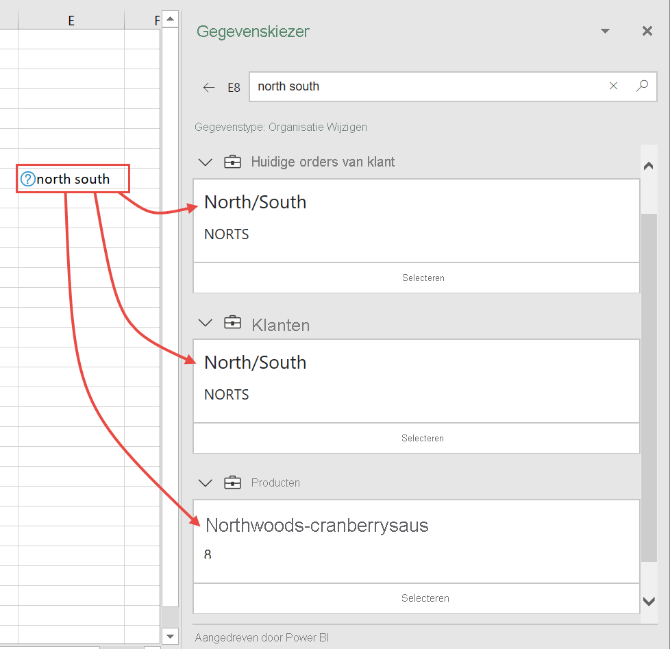 Screenshot of Excel Data Selector pane with multiple possibilities.