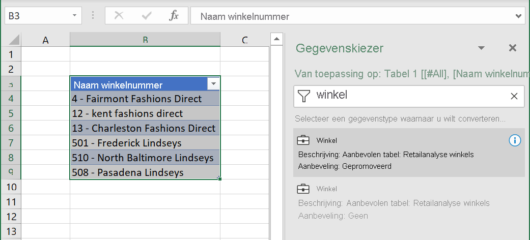 Screenshot of Excel Organizational Data, Suppliers data type table.