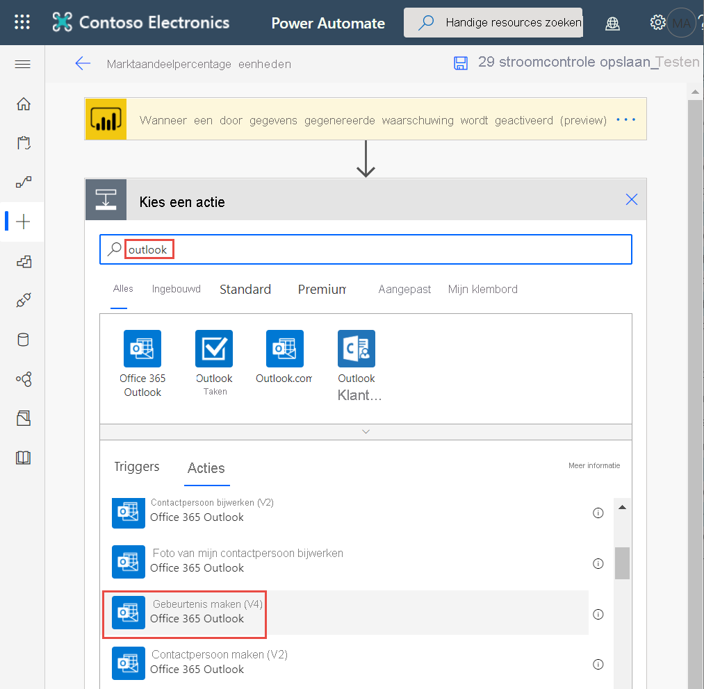 Screenshot that shows how to choose an action when you create an event.