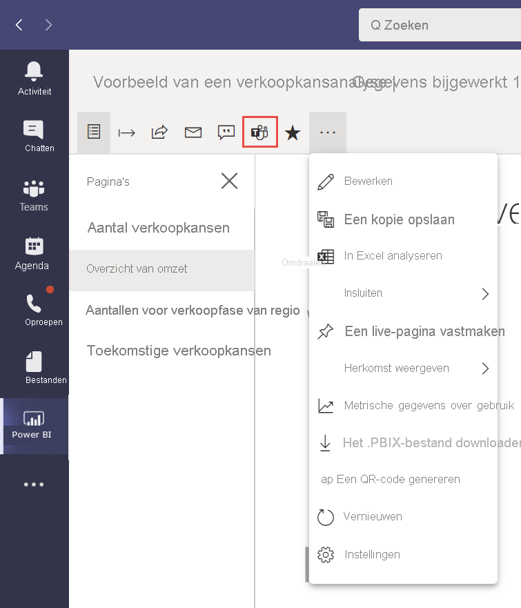 Schermopname van het rapport Voorbeeld van een verkoopkansanalyse in de Microsoft Teams-app met de optie Omzetoverzicht weergegeven en Optie Delen geselecteerd.