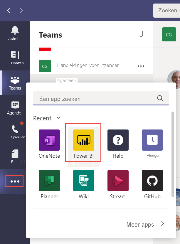 Schermopname van de pagina Teams met het menu Meer toegevoegde apps geselecteerd. Power BI wordt ingevoerd in de zoekbalk en geselecteerd in de lijst met apps.