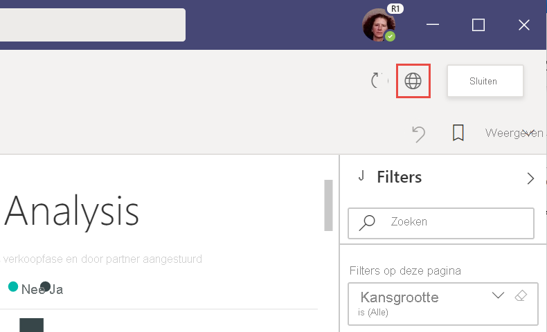 Schermopname van de webknop in de Power BI-app in Microsoft Teams.