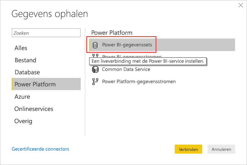 Schermopname van het ophalen van gegevens uit semantische Power BI-modellen.