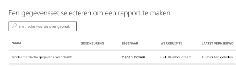 Schermopname van het selecteren van het semantische model voor het rapport met metrische gegevens over gebruik.