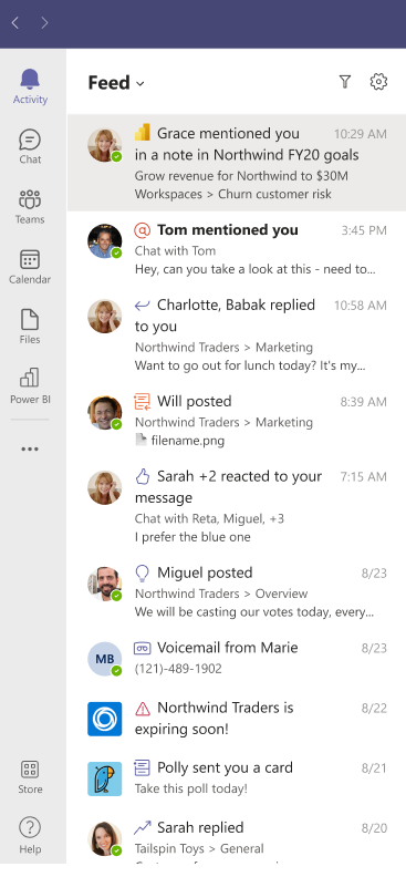 Screenshot showing Get Power BI metrics mention notifications in Microsoft Teams activity feed.