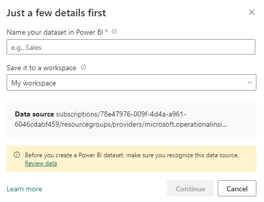 Screenshot of a dialog where you name the semantic model and choose a workspace.