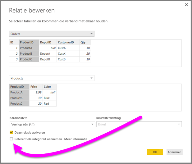 Schermopname van een dialoogvenster Relatie bewerken om Referentiële integriteit aannemen te selecteren.