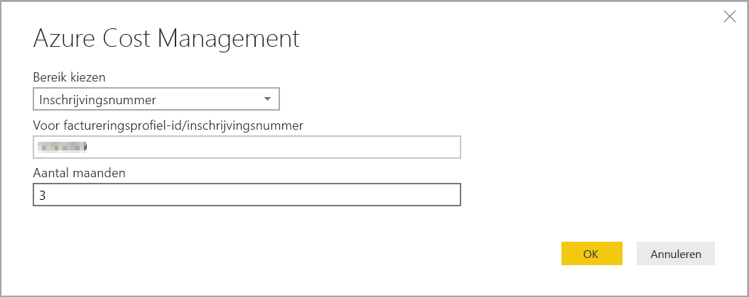 De schermafbeelding geeft de eigenschappen van Microsoft Cost Management weer met als scope het inschrijvingsnummer.