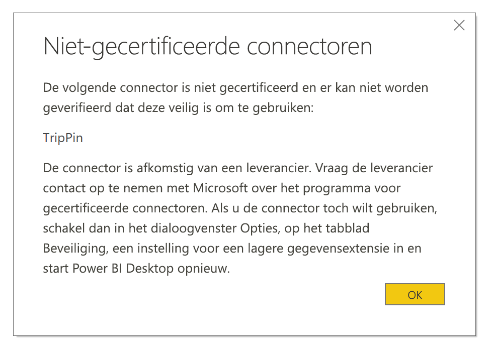 Schermopname van het dialoogvenster Niet-gecertificeerde connectors.