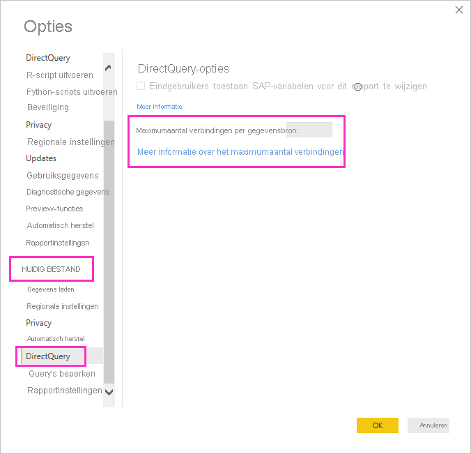 Schermopname van het instellen van maximale DirectQuery-verbindingen.