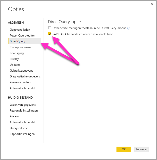 Schermopname van het dialoogvenster Opties, met de DirectQuery-opties.