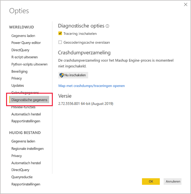 Screenshot of the Diagnostics section of the Power BI Desktop Options screen with the link to open the crash dump/traces folder.