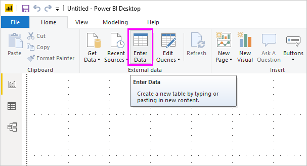 Screenshot shows the Enter Data item to select in the Home ribbon.