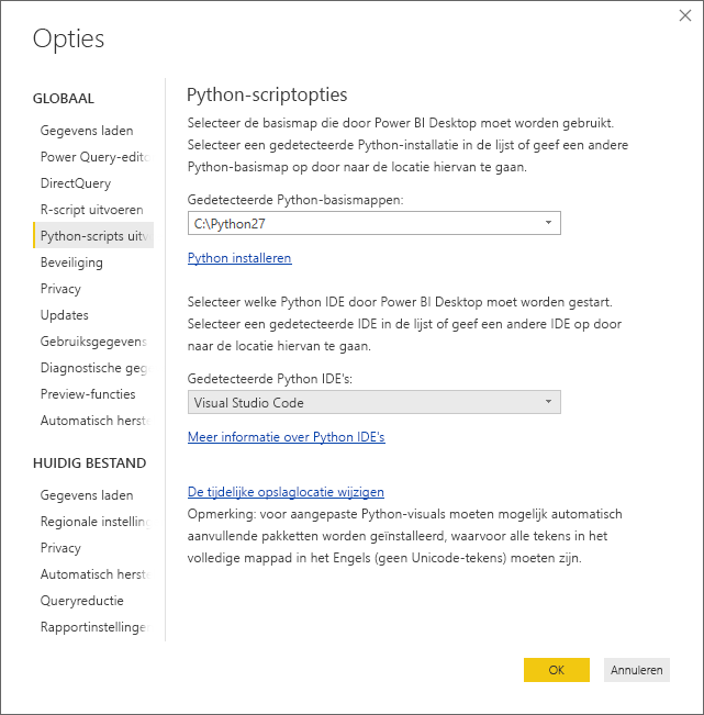 Screenshot of the Options dialog, showing Visual Studio Code entered in the Detected Python IDE field.