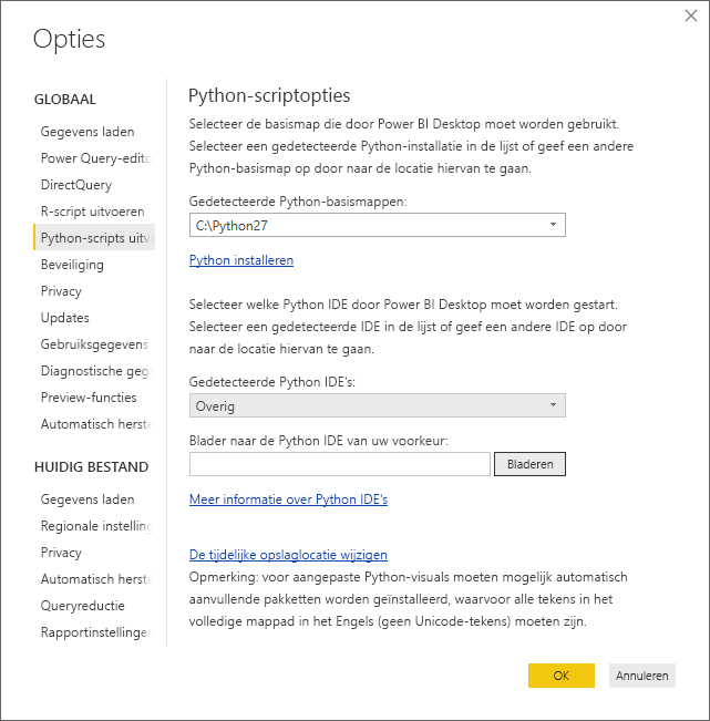 Screenshot of the Options dialog, showing Other entered in the Detected Python IDE field.