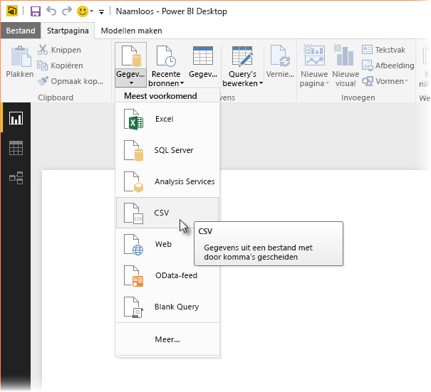 Screenshot of the Get Data ribbon in Power BI Desktop, showing the CSV selection.