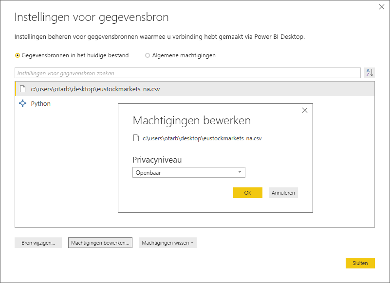 Screenshot of the Data source settings dialog, showing the Privacy Level is set to Public.