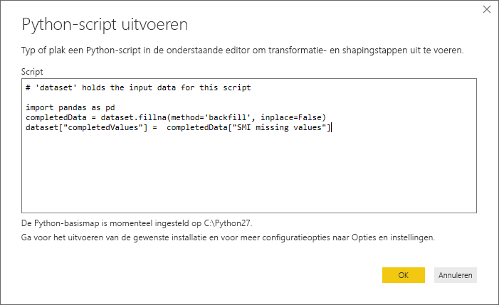 Screenshot of the Run Python Script dialog, showing the script code.