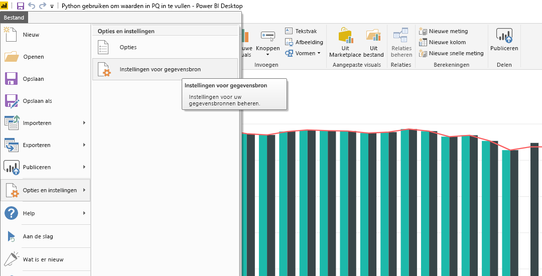 Screenshot of the File menu in Power BI Desktop, showing the Data source settings selection.