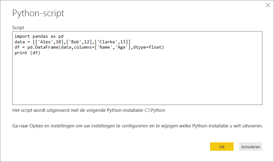 Schermopname van het plakken van het Python-voorbeeldscript in het dialoogvenster Python-script.