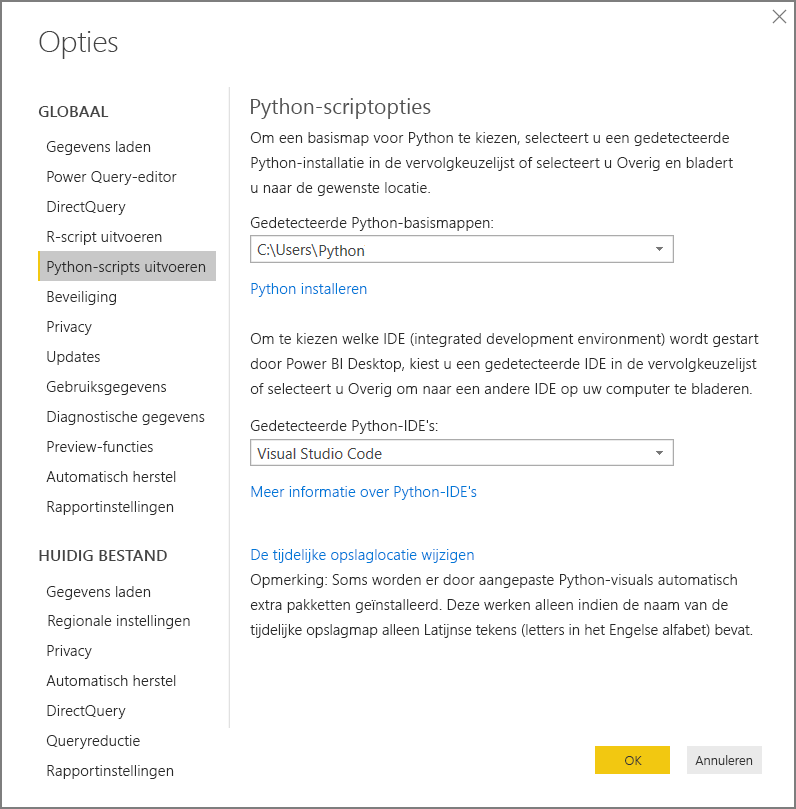 Schermopname van de Python-scriptopties voor Power BI Desktop.