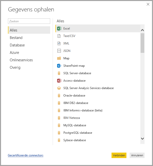 Schermopname toont het dialoogvenster Gegevens ophalen met Alles en Excel geselecteerd.