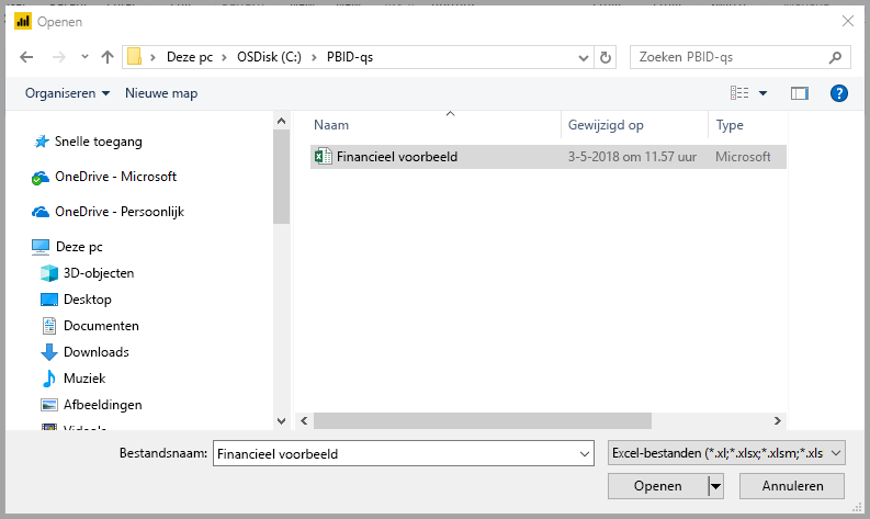 Screenshot shows a file selection dialog with Financial Sample selected.