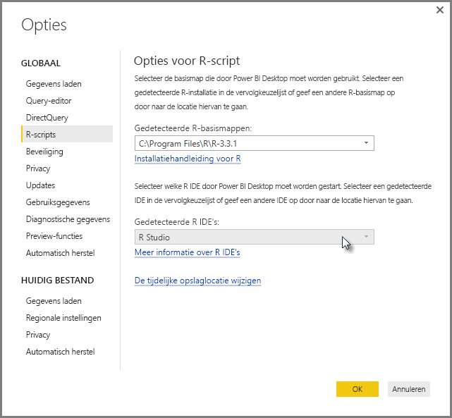 Screenshot of the Options dialog, showing R Studio is entered in the Detected R I D E field.