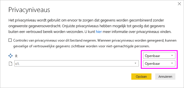 Schermopname toont het dialoogvenster Privacyniveaus met Openbare privacy geselecteerd.