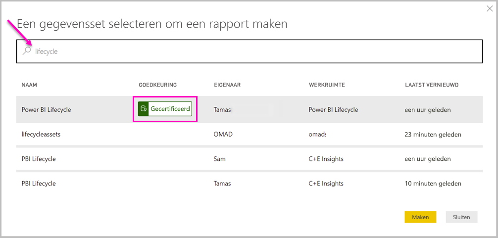 Schermopname van de lijst met beschikbare semantische modellen.