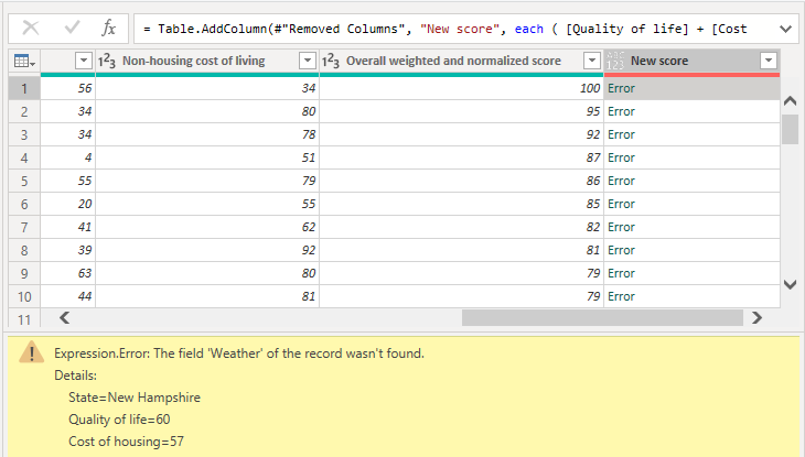 Schermopname van Power Query-editor met de kolom Nieuwe score met foutdetails.