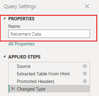 Schermopname van Power Query-editor waarin wordt getoond hoe u een tabelnaam bewerkt in Query-instellingen.