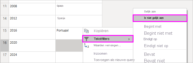 Schermopname van een contextmenu met Tekstfilters en Is niet gelijk aan geselecteerd.