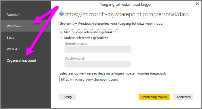 Screenshot of the Power BI Desktop credential prompt, showing Windows or Organizational account selection.