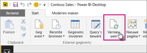 Schermopname van het lint Start in Power BI Desktop, met de selectie Vernieuwen.