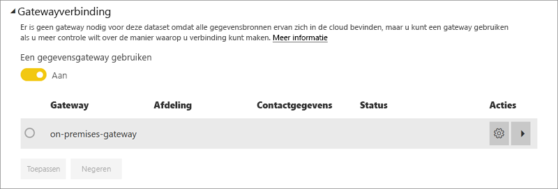 Schermopname van het dialoogvenster Gatewayverbinding van Power BI-service.