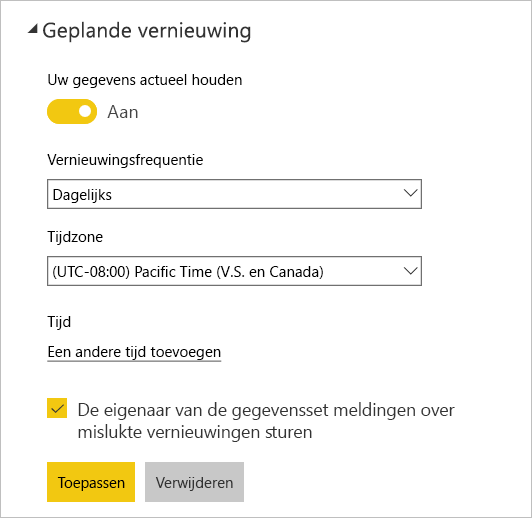 Schermopname van het dialoogvenster Geplande vernieuwing van Power BI-service.