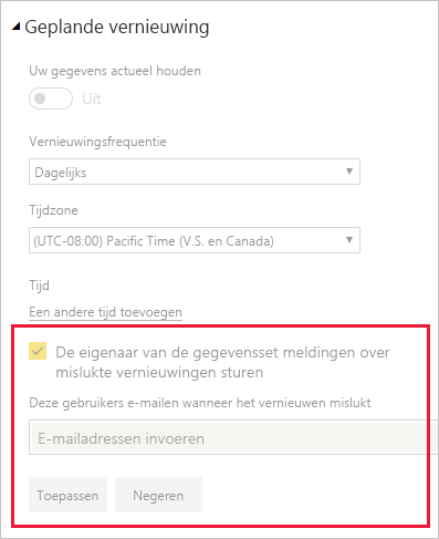 Schermopname van de sectie in de semantische modelinstellingen voor het wijzigen van meldingen voor het vernieuwen van e-mail in Power BI.