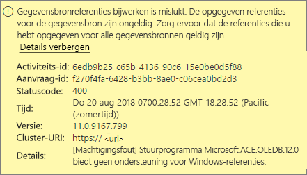 Schermopname van een foutbericht over de referentie voor de gegevensbron.