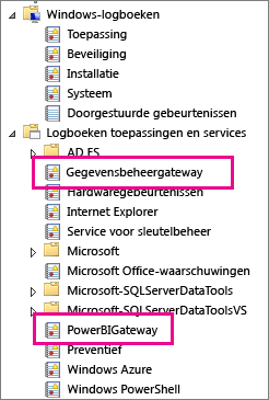 Schermopname van Gegevensbeheer Gateway- en PowerBIGateway-logboeken in de map Toepassingen en Servicelogboeken.