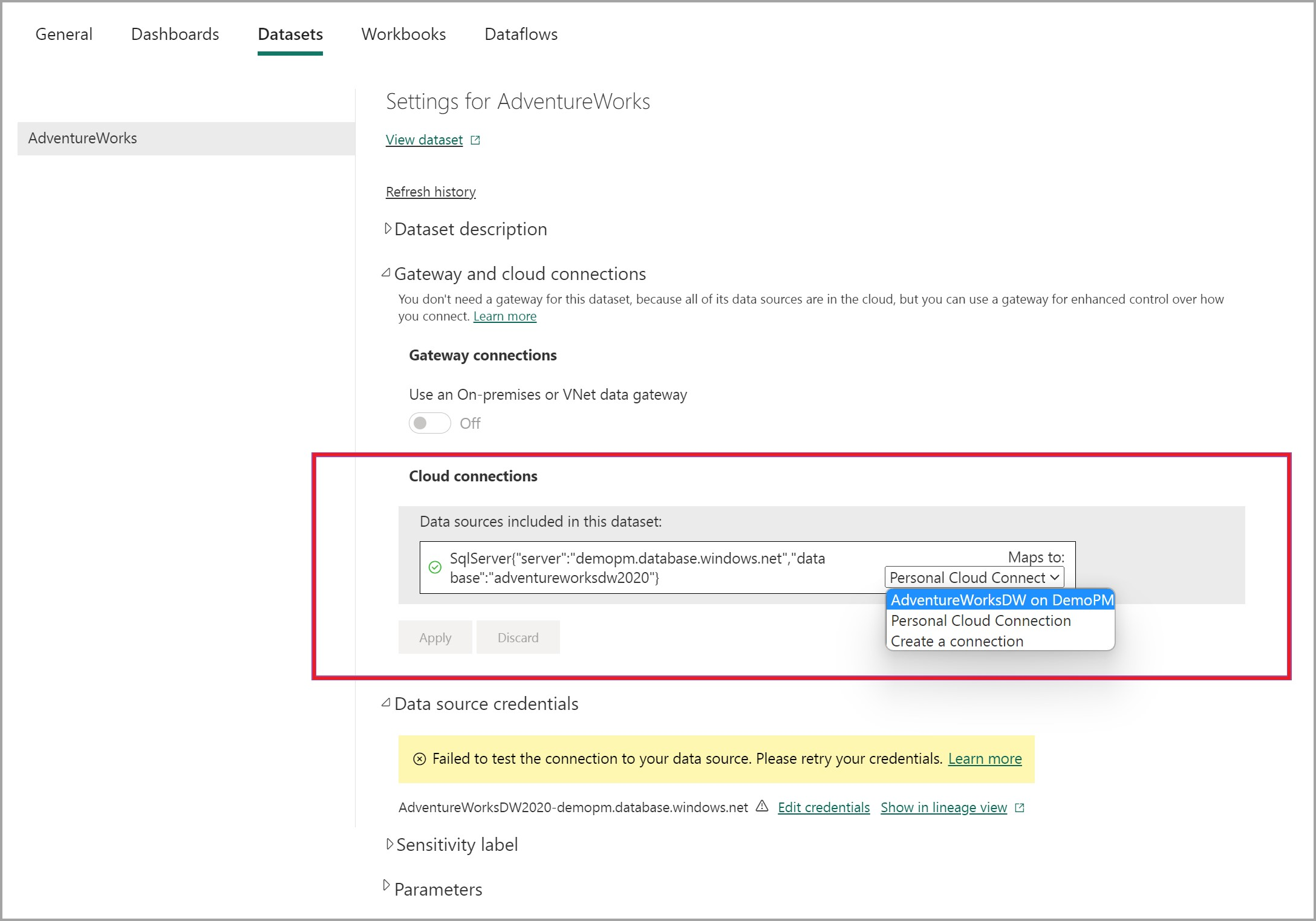 Schermopname van het maken van verbinding met een deelbare cloudverbinding.