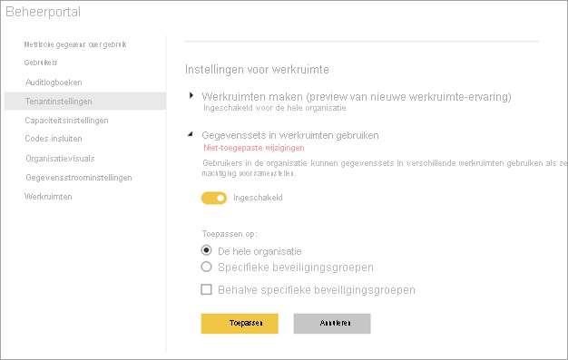 Instellingen voor Power BI-beheerwerkruimten