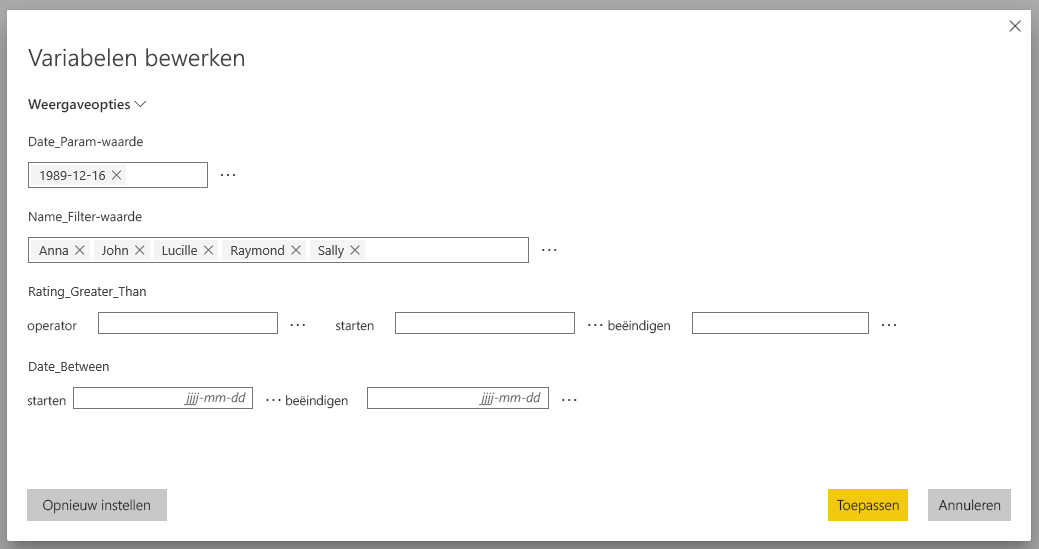 Schermopname van het dialoogvenster Variabelen bewerken in de Power BI-service.